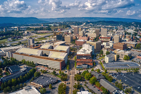 An aerial view of downtown Chattanooga, Tennessee.