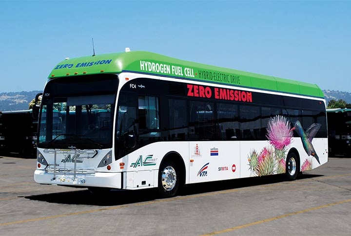 A hydrogen fuel cell electric bus, which is a zero emissions vehicle
