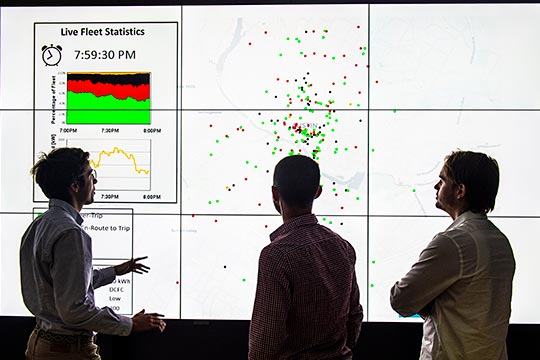 Photo of people looking at large screen displaying live fleet statistics as dots spread across an area identified as Austin.
