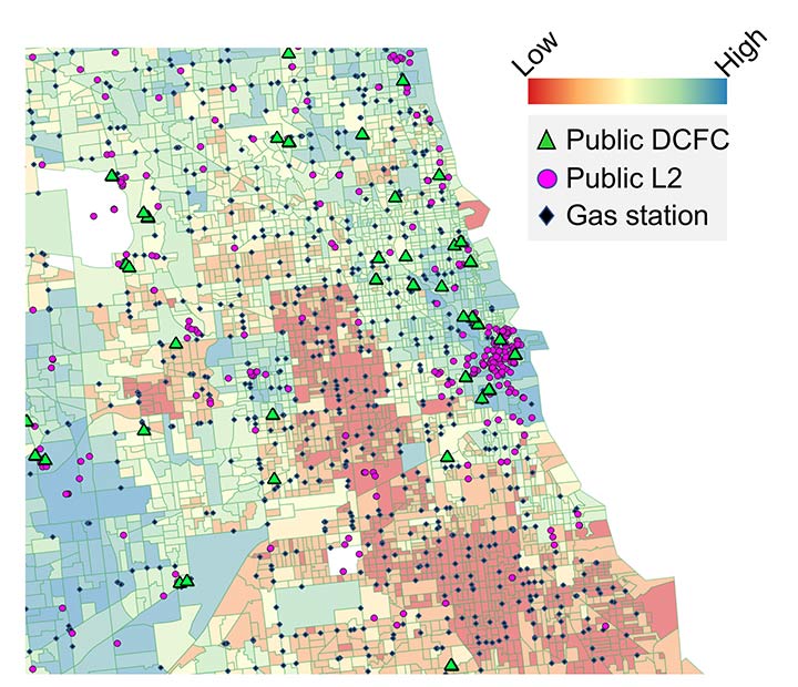 A colorful heatmap of the greater Chicago area, combining people of color and low-income neighborhoods, with warm colors representing the percentage of EV adoption and icons for public DCFC and L2 fast chargers, and gas stations.