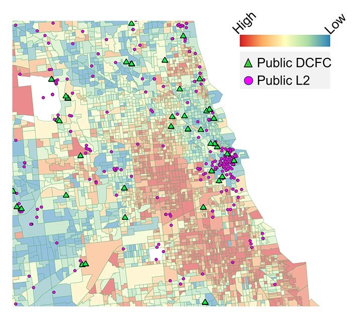 A colorful heatmap of the greater Chicago area, with warm colors representing the percentage of EV adoption in relation to the low-income households along with icons representing public DCFC and L2 fast chargers.