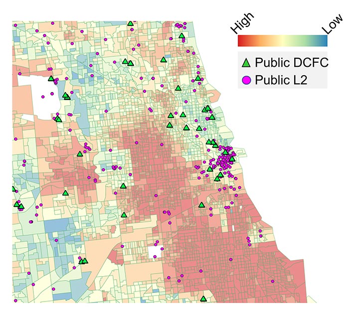 A colorful heatmap of the greater Chicago area, with warm colors representing the percentage of EV adoption in relation to the people of color along with icons representing public DCFC and L2 fast chargers.