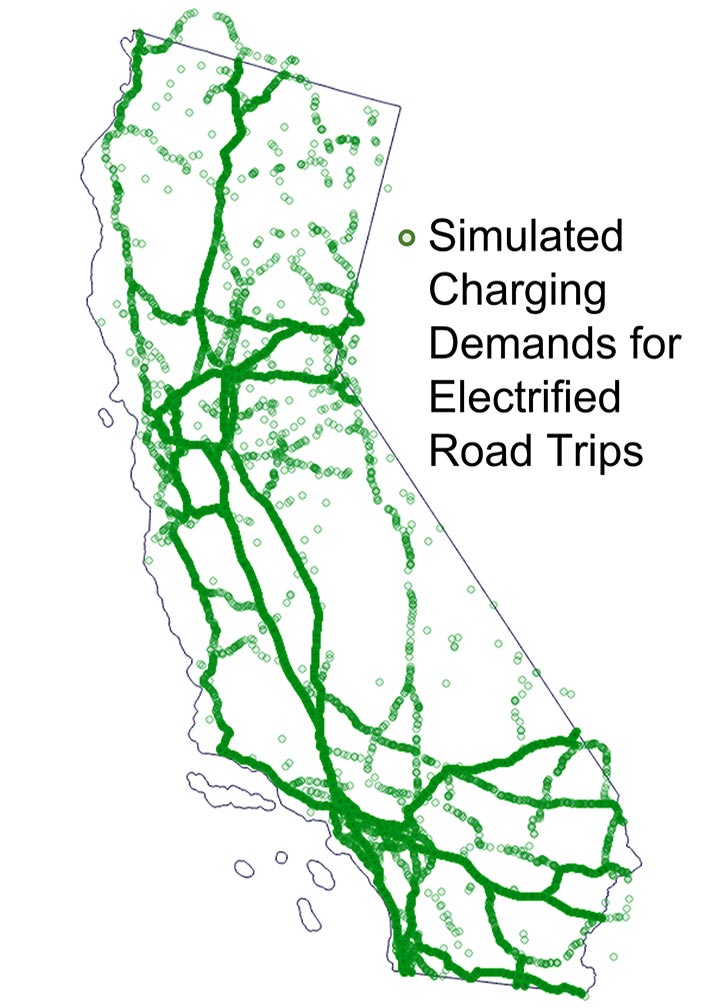 A map of California with green dots simulating charging demands for electrified road trips.
