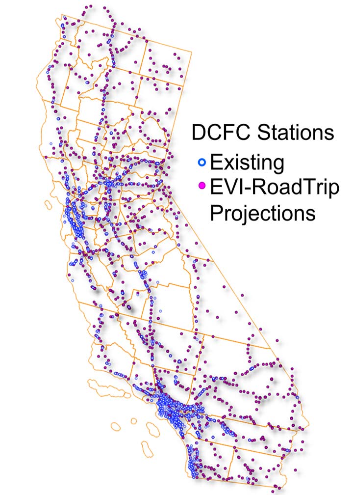 A map of California with blue dots representing existing chargers and pink dots for projected charging needs.