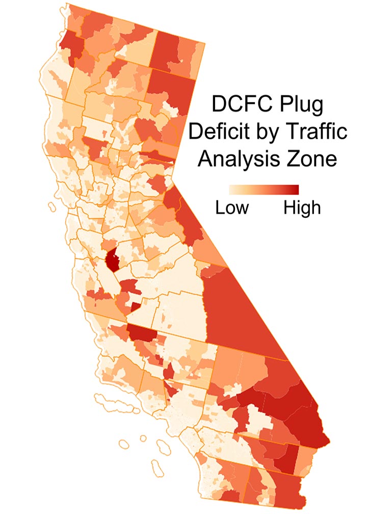 A map of California with a gradient overlay of the DCFC plug deficit.
