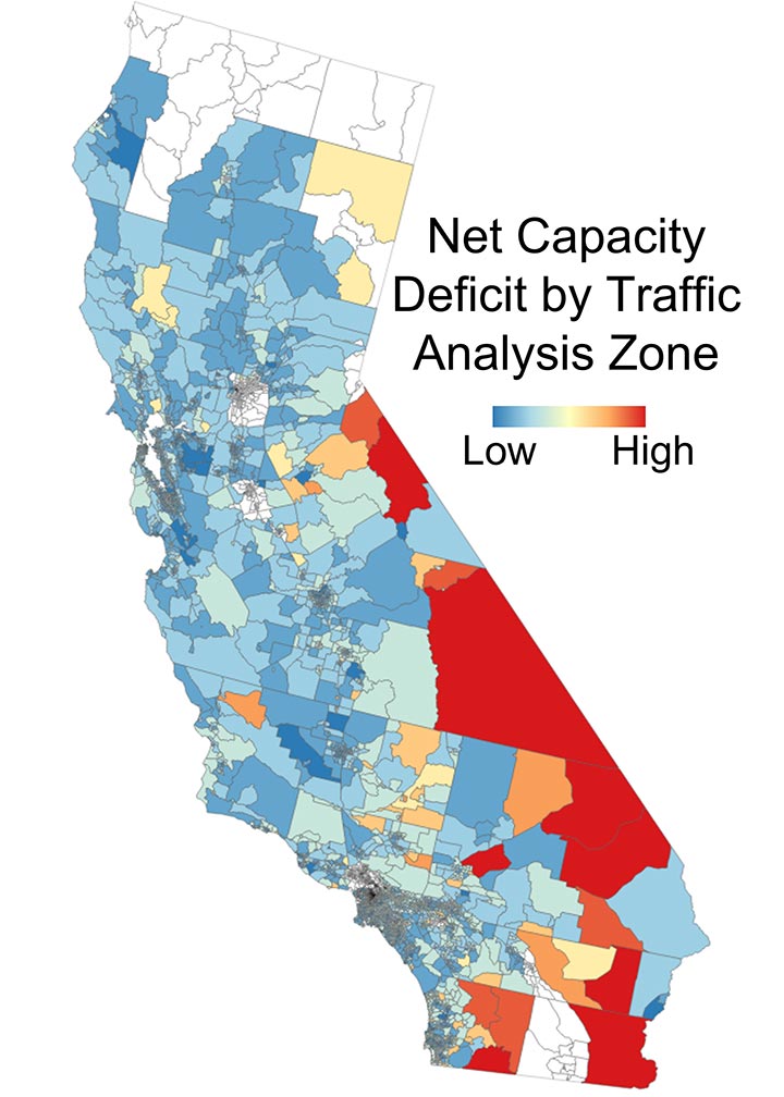 A map of California with a gradient overlay of charging capacity deficit.