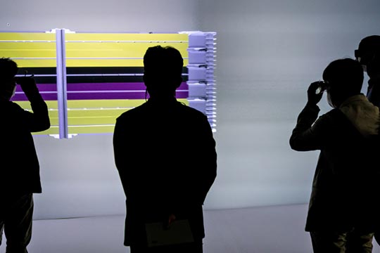 A group of people looking at a scientific model on a screen