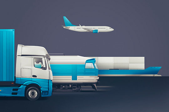 A graphic of a tractor trailer, train, barge, and airplane.