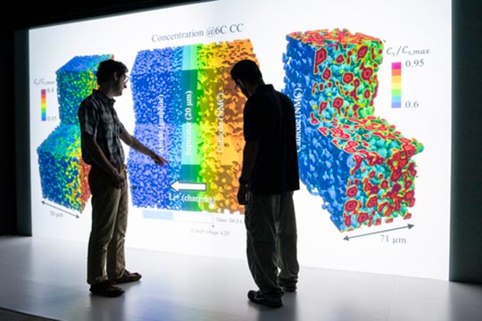 Two researchers using the 3D Visualization Lab in the Insight Center at NREL's Energy Systems Integration Facility to work on the Microstructure Analysis ToolBox.