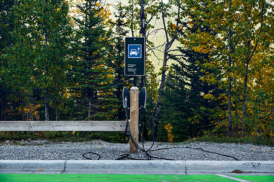 An outdoor EV charging station against a leafy green backdrop.