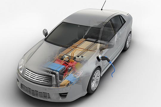 A diagram of an electric car showing the battery on the inside of the car.