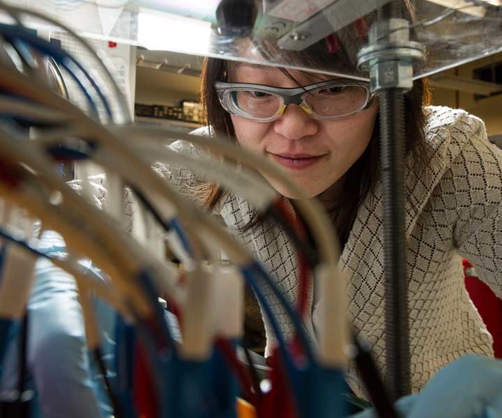 NREL scientist, Chunmei Ban works on energy storage materials in the electrochemical energy storage lab at NREL's Solar Energy Research Facility