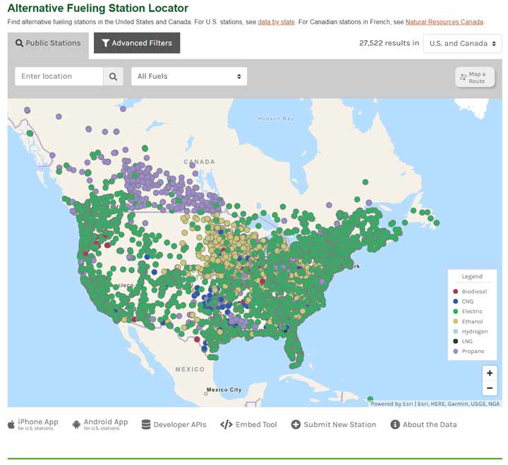 The U.S. Department of Energy's Alternative Fueling Station Locator shows a map of North America with alternative fueling stations in both the United States and Canada