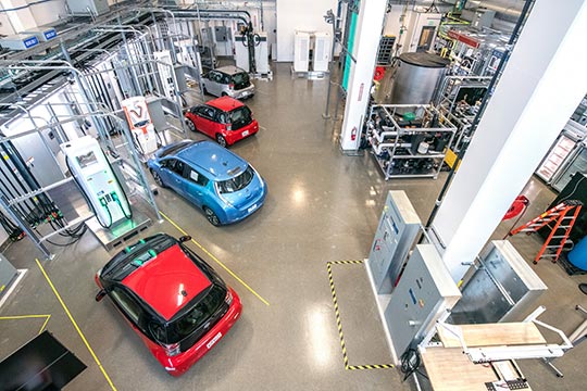 NREL's Electric Vehicle Research Infrastructure (EVRI) Evaluation Platform, including various electric vehicles and charging equipment.
