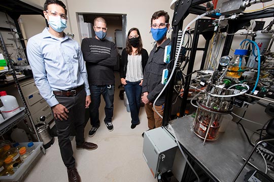 Four NREL researchers in a biological conversion lab.