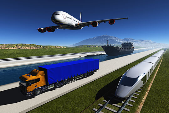 A cargo ship, an airplane, a heavy-duty truck, and a train move forward with mountains in the background.