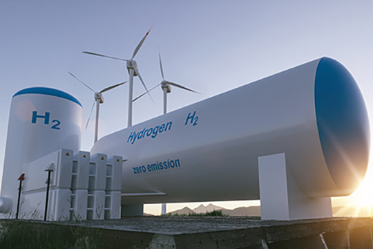 Hydrogen production plant with wind turbines.