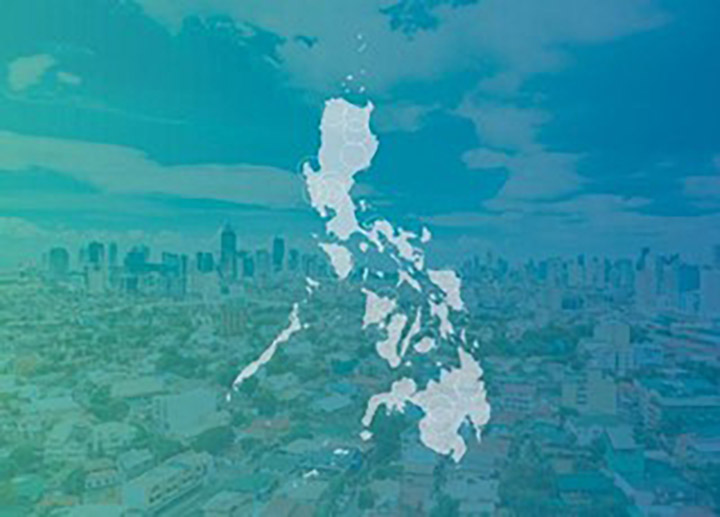 This is a photo of a city with a map of the Philippines overlaid on top