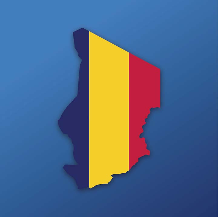 Cutout of the country of Chad overlaid with the Chad national flag, with vertical blue, yellow, and red stripes.
