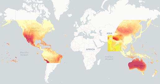 Illustration showing solar resource data across North America, South America, Eastern Asia, and Oceania in yellow, orange, and red colors.