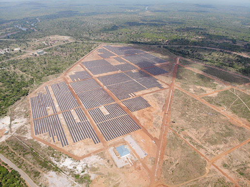 A high angle view of BPA's 50-MW solar PV plant, with 200 additional MW under development.