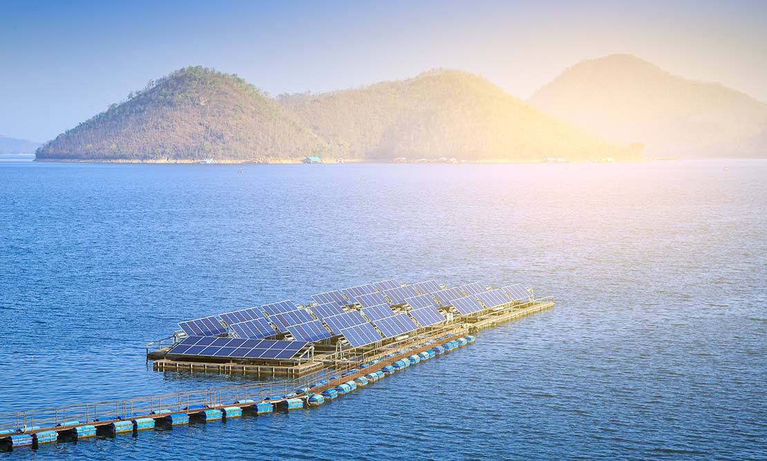 Solar panels floating on a lake