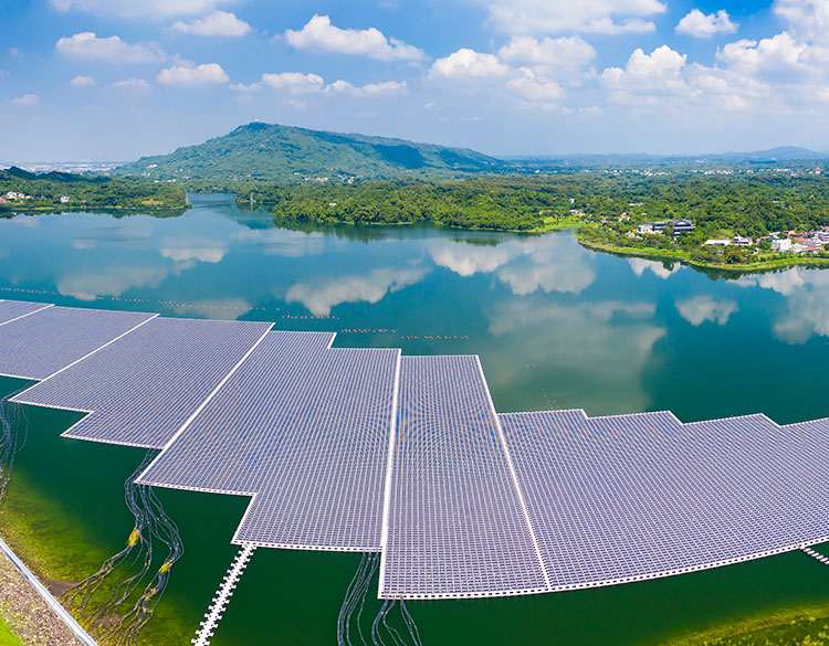 Aerial view of floating solar PV on a lake