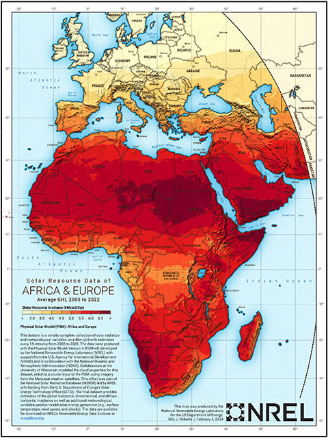 An NREL-branded map showing high-resolution solar resource data cover for Africa, the Arabian Peninsula, and Europe.