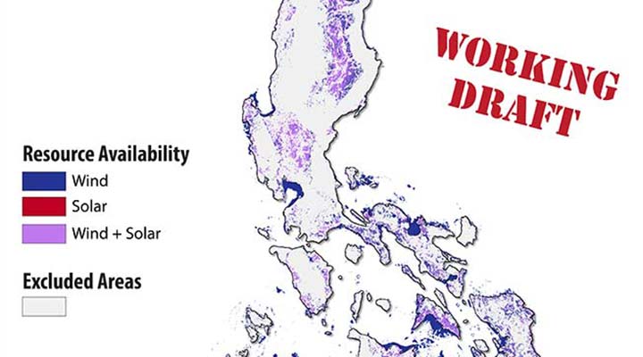A map of the Philippines that shows the areas that have high-quality renewable energy resources: wind (blue), solar (red), and wind + solar (purple).