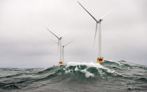Wind turbines in the open water.