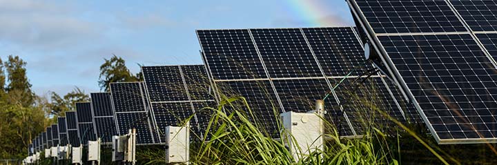 A ground mounted solar array in a green field, with a blue sky and rainbow behind it. 