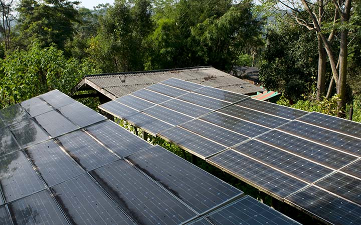 Solar PV arrays/panels on a rooftop in a jungle.