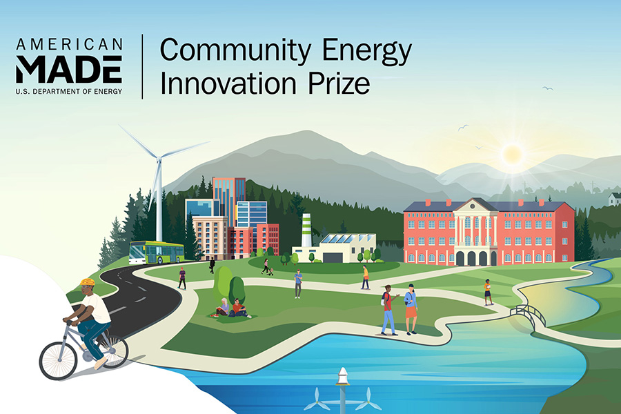 Community Energy Innovation Prize logo above illustration of a sustainable city.