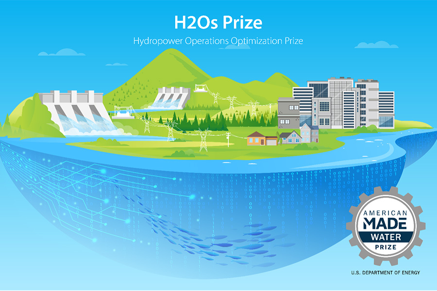 H2Os Prize logo above illustration of Hydropower dam and electrical station.