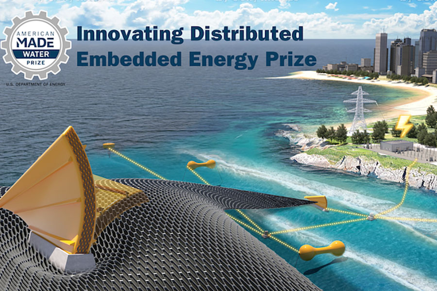 Innovating Distributed Energy Prize logo on top of illustration of wave energy converters on the shoreline of a city.