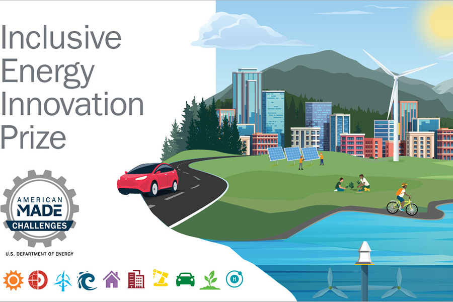Inclusive Energy Innovation Prize logo next to illustration of a sustainable city.