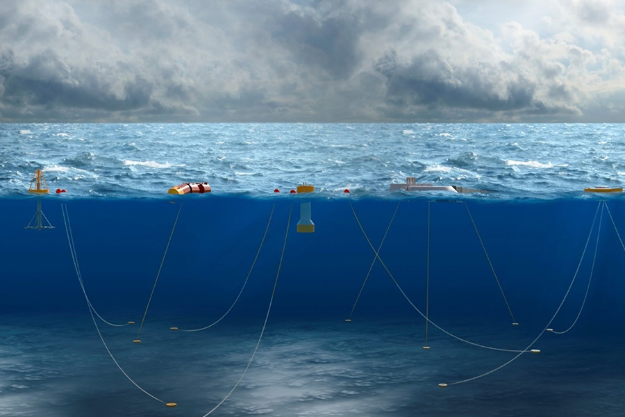 Illustration of wave energy converter in ocean with tethers under the water.