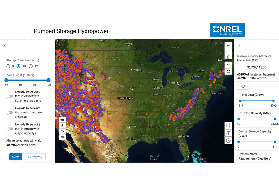 Screenshot of pumped storage hydropower tool showing a map of North America and where storage sites are located.