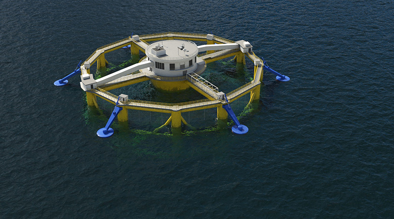 An illustration of a water energy device floating in the ocean.