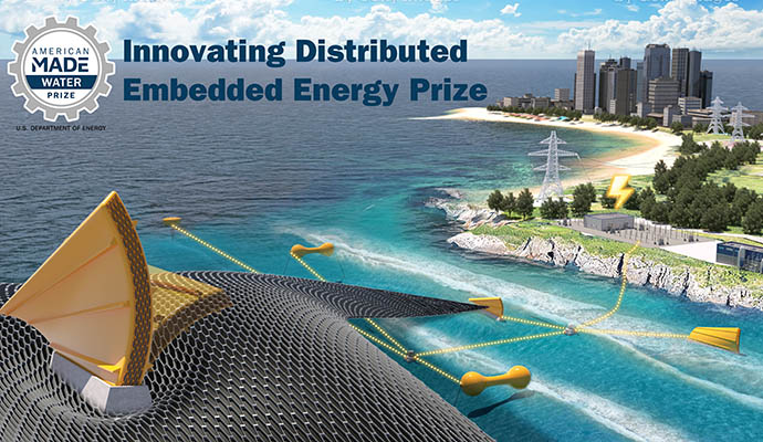 Illustration of marine energy devices powering a coastal city’s electrical grid overlain with the words "Innovating Distributed Embedded Energy Prize" and the American-Made Water Prize logo.
