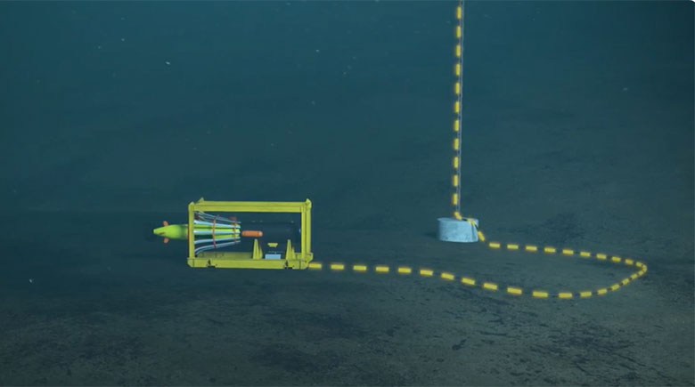 A computer visual of an automated underwater vehicle charging.