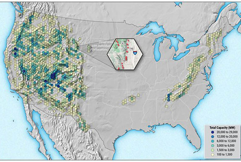 A U.S. map with small colored hexagons indicating total capacity in megawatts.