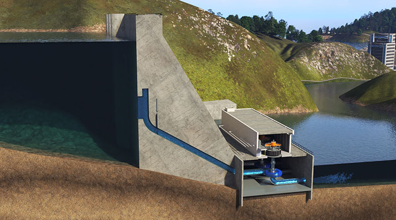 A computer visualization showing, from the side, a water outlet through a dam.