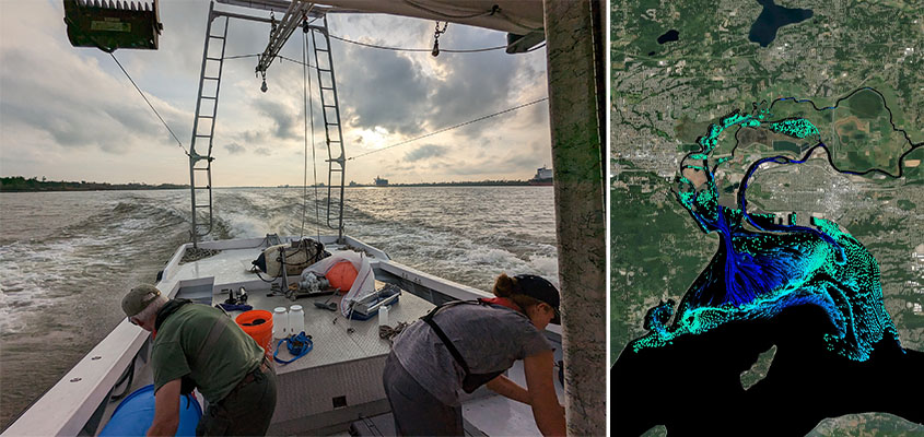 Two people put samples in containers on a boat on the left and on the right is an aerial photo of a river mouth overlain with colored lines.