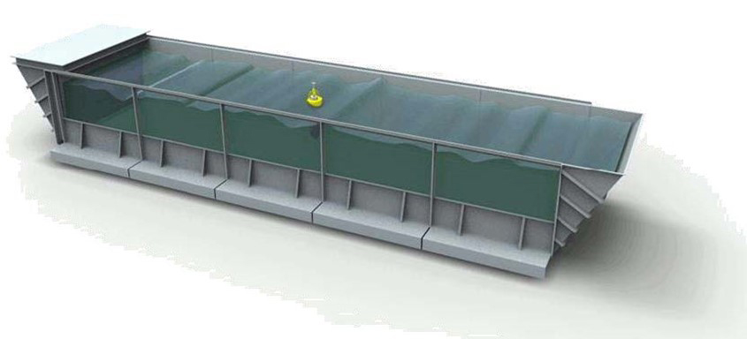 An artist's rendering of a wave tank with a wave energy device floating in the middle.