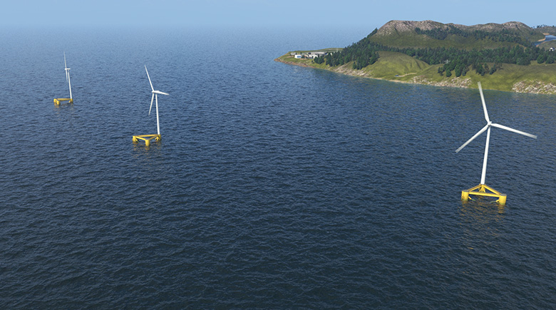 An illustration of wind turbines on wave energy devices in ocean.