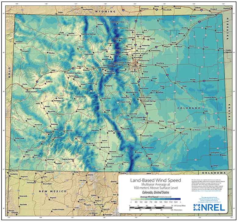 A map of Colorado colored by wind speed and overlain with major roads and towns. A key shows the color to speed relations, map scale, and NREL’s logo.