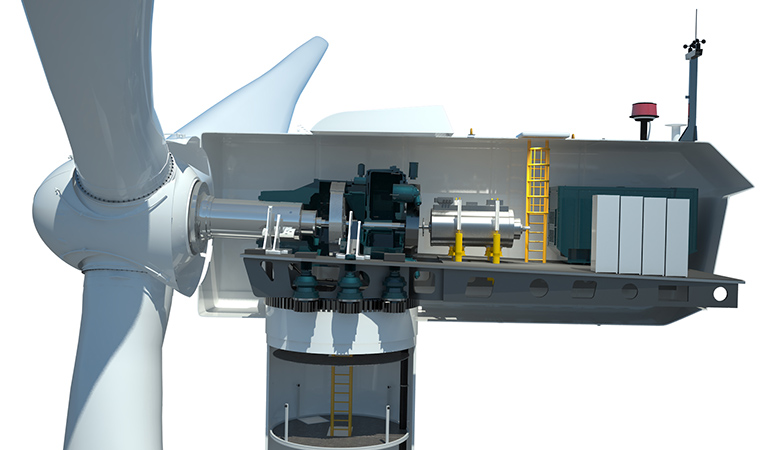 An illustration of a wind turbine nacelle cut open to show the inner workings.