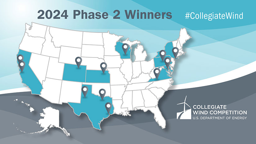 A graphic of a map showing where the Collegiate Wind Competition 2024 teams are based.
