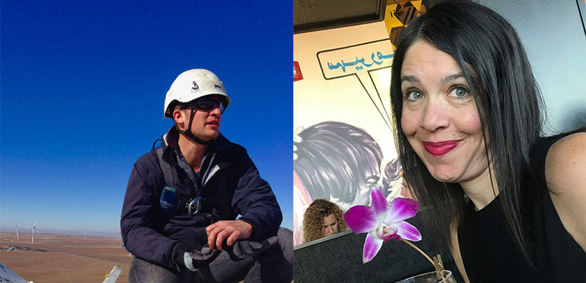 Nicholas Hamilton sitting on a wind turbine in a hard had and Sheri Anstedt smiling at the camera next to a pink flower